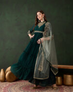 Green Embroidered Anarkali Gown with Net Dupatta - Perfect for Weddings and Festive Occasions