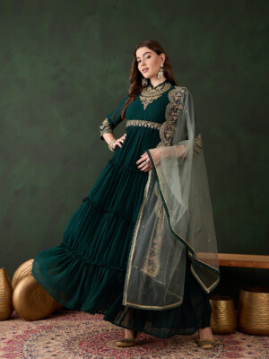 Green Embroidered Anarkali Gown with Net Dupatta - Perfect for Weddings and Festive Occasions