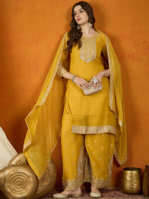 Yellow Embroidered Georgette Straight Kurta Palazzo Set