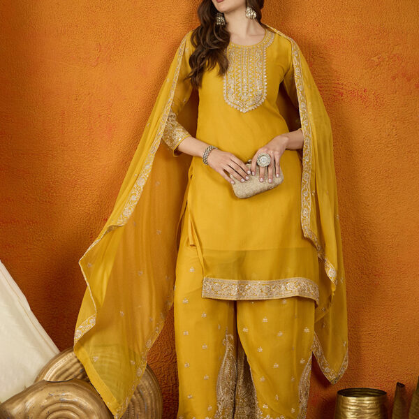 Yellow Embroidered Kurta Palazzo Set