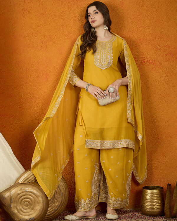 Yellow Embroidered Georgette Straight Kurta Palazzo Set