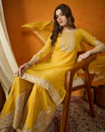 Yellow Embroidered Georgette Straight Kurta Palazzo Set