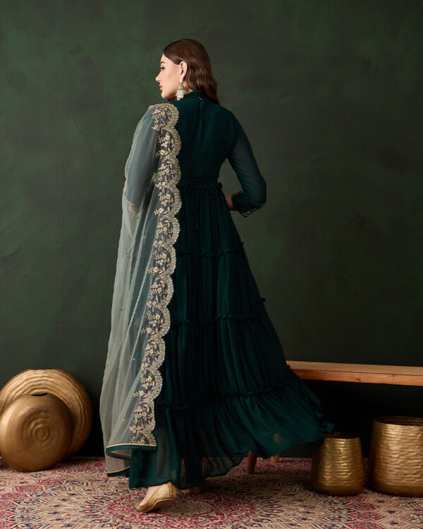 Green Embroidered Anarkali Gown with Net Dupatta - Perfect for Weddings and Festive Occasions