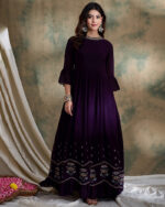 Purple Embroidered Faux Georgette Anarkali Gown with Dupatta