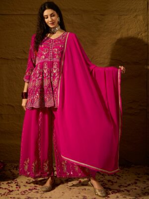 Elegant Pink Faux Georgette Kurta Palazzo Set with Embroidered Lace Dupatta