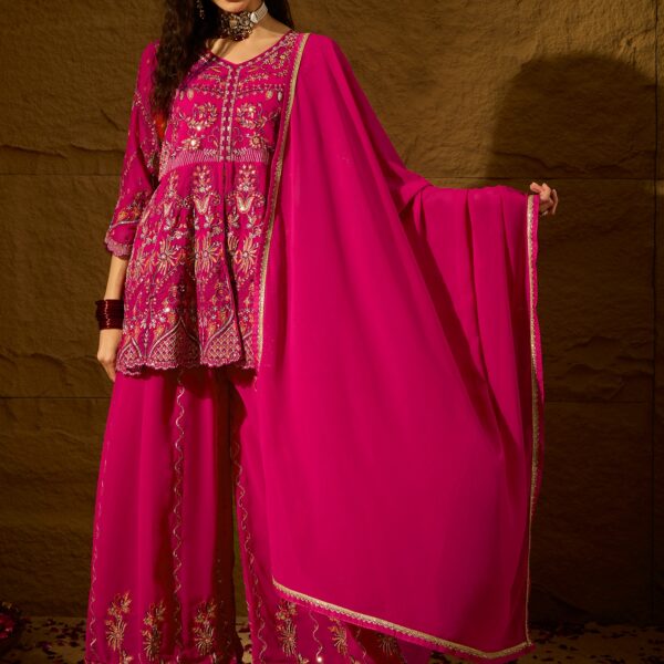 Elegant Pink Faux Georgette Kurta Palazzo Set with Embroidered Lace Dupatta