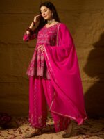Elegant Pink Faux Georgette Kurta Palazzo Set with Embroidered Lace Dupatta