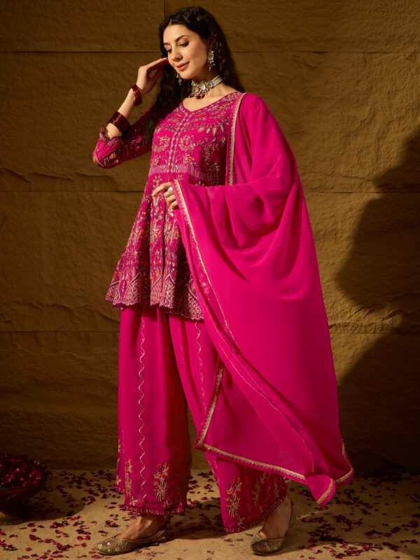 Elegant Pink Faux Georgette Kurta Palazzo Set with Embroidered Lace Dupatta