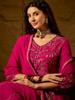 Elegant Pink Faux Georgette Kurta Palazzo Set with Embroidered Lace Dupatta
