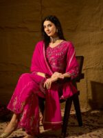 Elegant Pink Faux Georgette Kurta Palazzo Set with Embroidered Lace Dupatta