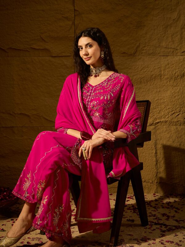 Elegant Pink Faux Georgette Kurta Palazzo Set with Embroidered Lace Dupatta