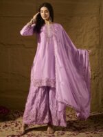 Light Pink Embroidered Kurta Palazzo Set - Chinon Fabric with Dupatta