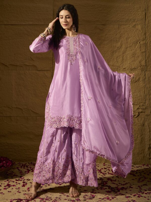 Light Pink Embroidered Kurta Palazzo Set - Chinon Fabric with Dupatta