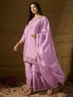Light Pink Embroidered Kurta Palazzo Set - Chinon Fabric with Dupatta