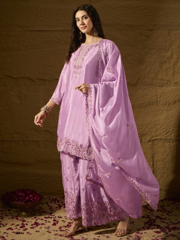 Light Pink Embroidered Kurta Palazzo Set - Chinon Fabric with Dupatta