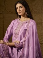 Light Pink Embroidered Kurta Palazzo Set - Chinon Fabric with Dupatta