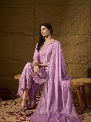 Light Pink Embroidered Kurta Palazzo Set - Chinon Fabric with Dupatta