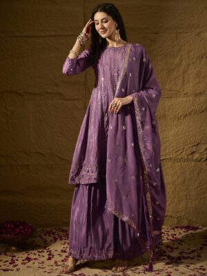 Purple Embroidered Chinon Kurta Sharara Set with Dupatta