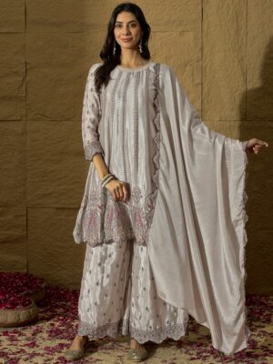 Light Grey Embroidered A-Line Kurta Palazzo Set with Lace Dupatta