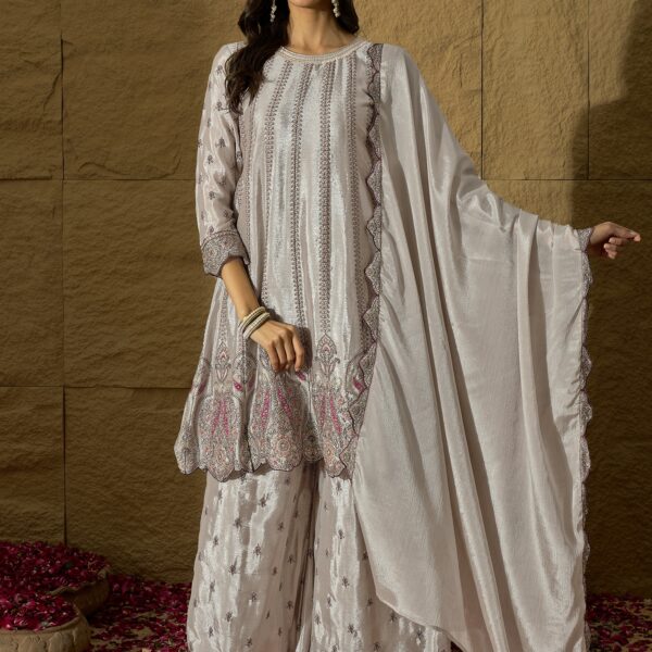 Light Grey Embroidered A-Line Kurta Palazzo Set with Lace Dupatta