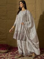 Light Grey Embroidered A-Line Kurta Palazzo Set with Lace Dupatta