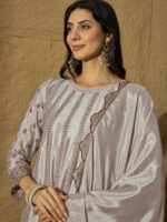 Light Grey Embroidered A-Line Kurta Palazzo Set with Lace Dupatta