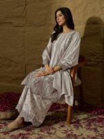 Light Grey Embroidered A-Line Kurta Palazzo Set with Lace Dupatta