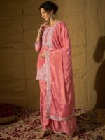 Light Pink Embroidered Kurta Sharara Set - Chinon Fabric with Dupatta