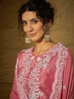 Light Pink Embroidered Kurta Sharara Set - Chinon Fabric with Dupatta