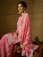 Light Pink Embroidered Kurta Sharara Set - Chinon Fabric with Dupatta