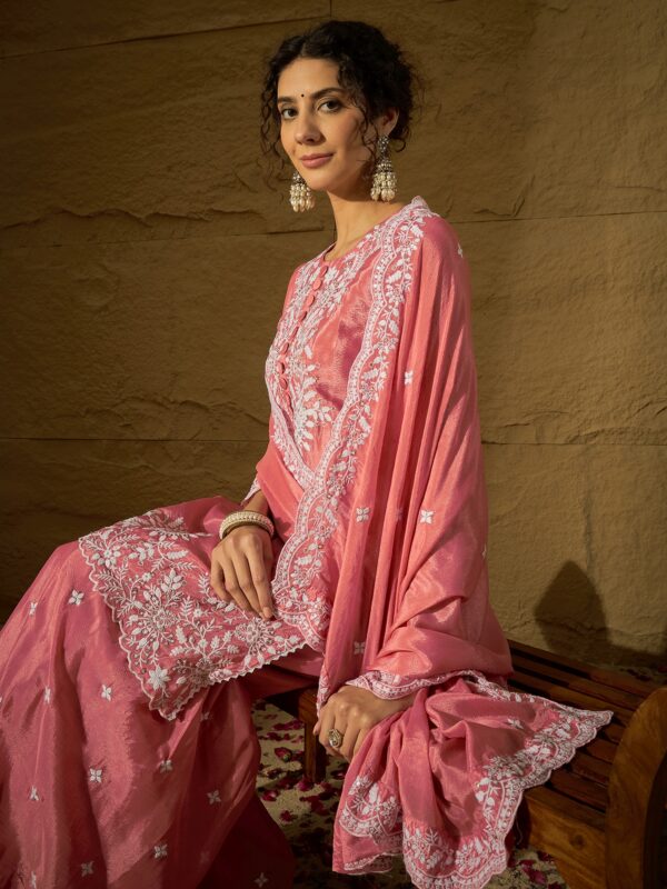 Light Pink Embroidered Kurta Sharara Set - Chinon Fabric with Dupatta