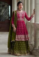 Pink Embroidered Georgette Kurta Sharara Set with Lace Dupatta - Women's Ethnic