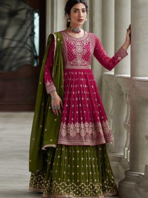 Pink Embroidered Georgette Kurta Sharara Set with Lace Dupatta - Women's Ethnic