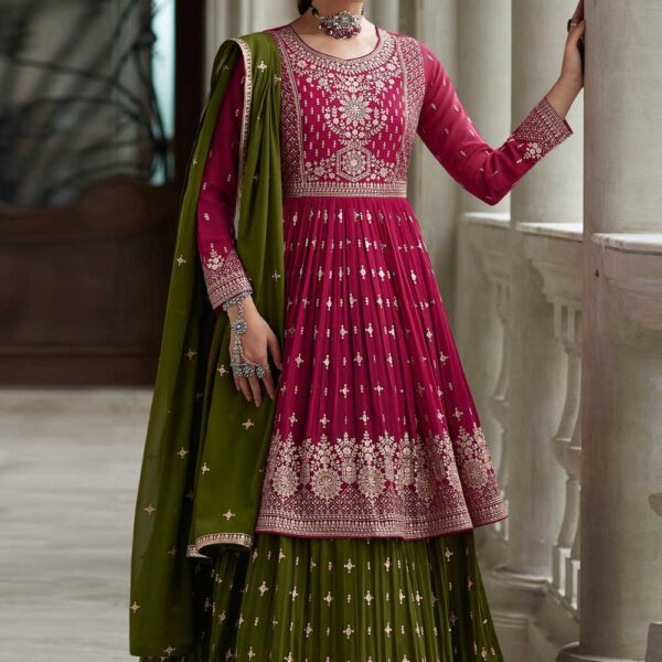 Pink Embroidered Georgette Kurta Sharara Set with Lace Dupatta - Women's Ethnic