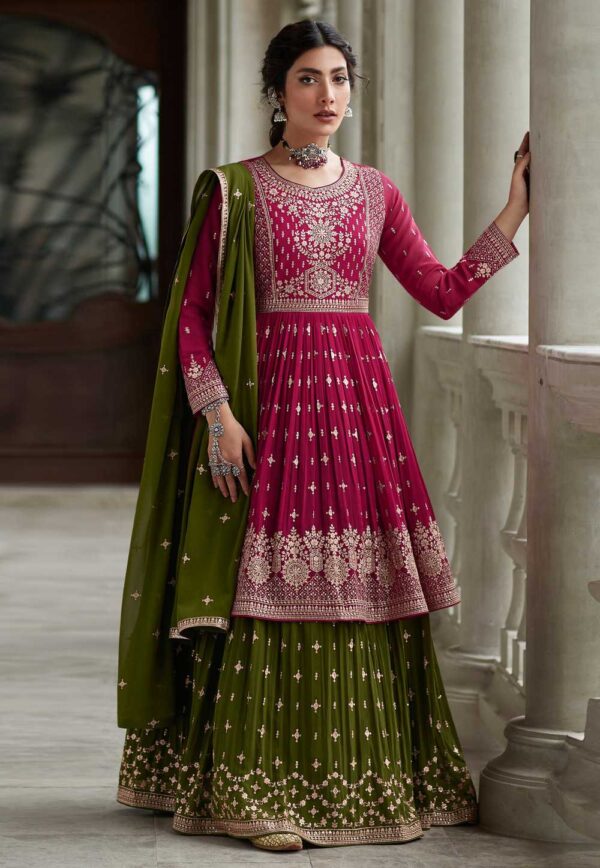Pink Embroidered Georgette Kurta Sharara Set with Lace Dupatta - Women's Ethnic