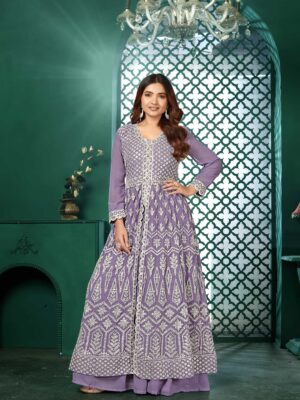 Light Purple Anarkali Kurta Lehenga Set with Lace Dupatta - Women's Ethnic