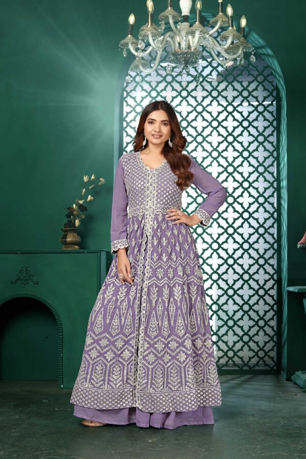 Light Purple Anarkali Kurta Lehenga Set with Lace Dupatta - Women's Ethnic