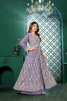 Light Purple Anarkali Kurta Lehenga Set with Lace Dupatta - Women's Ethnic