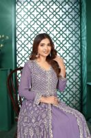 Light Purple Anarkali Kurta Lehenga Set with Lace Dupatta - Women's Ethnic