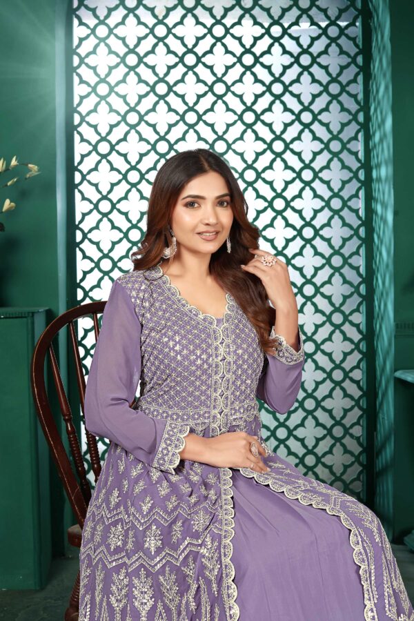 Light Purple Anarkali Kurta Lehenga Set with Lace Dupatta - Women's Ethnic