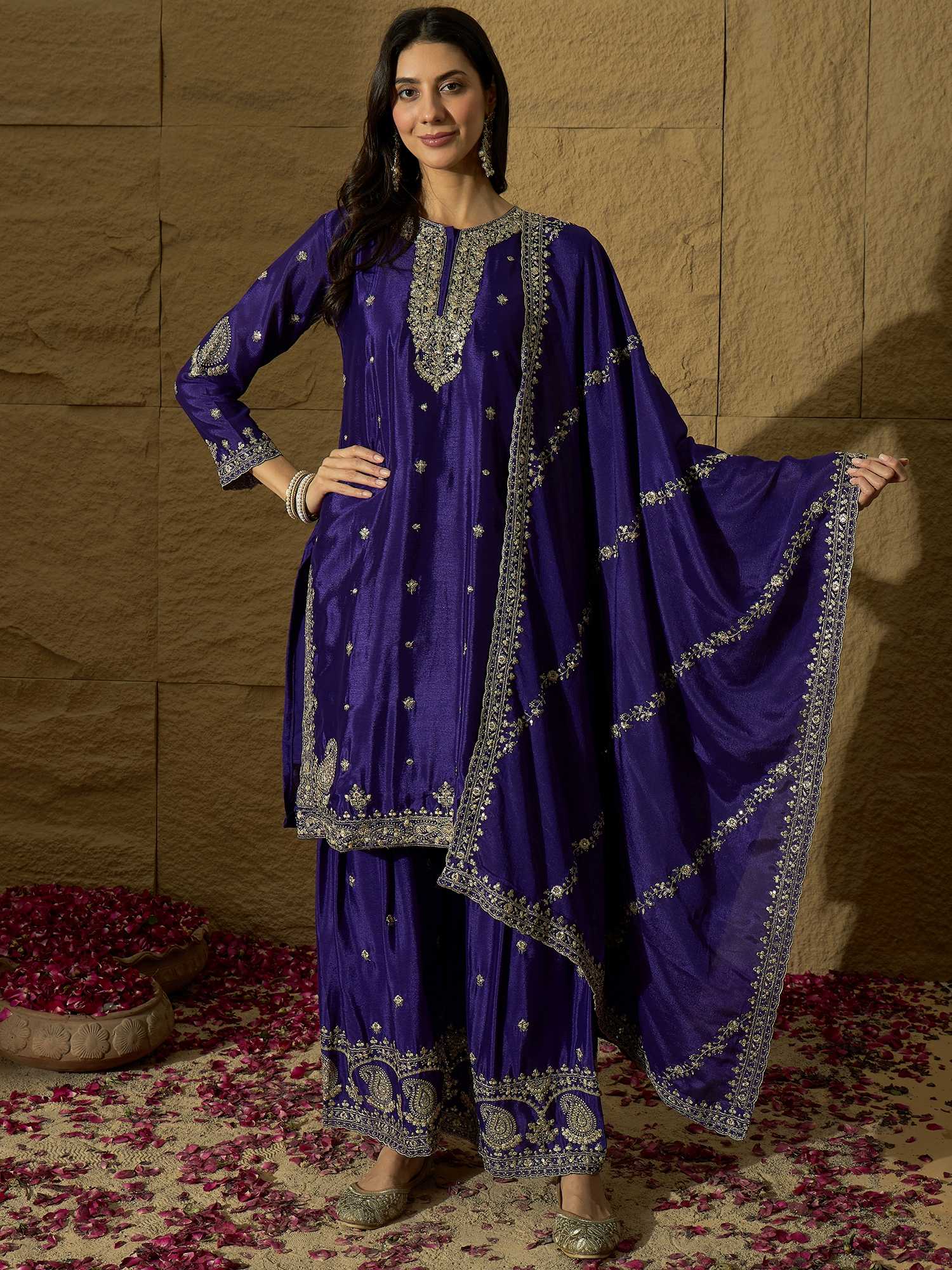 Elegant Purple Embroidered Kurta Sharara Set – Chinon Fabric with Santoon Lining
