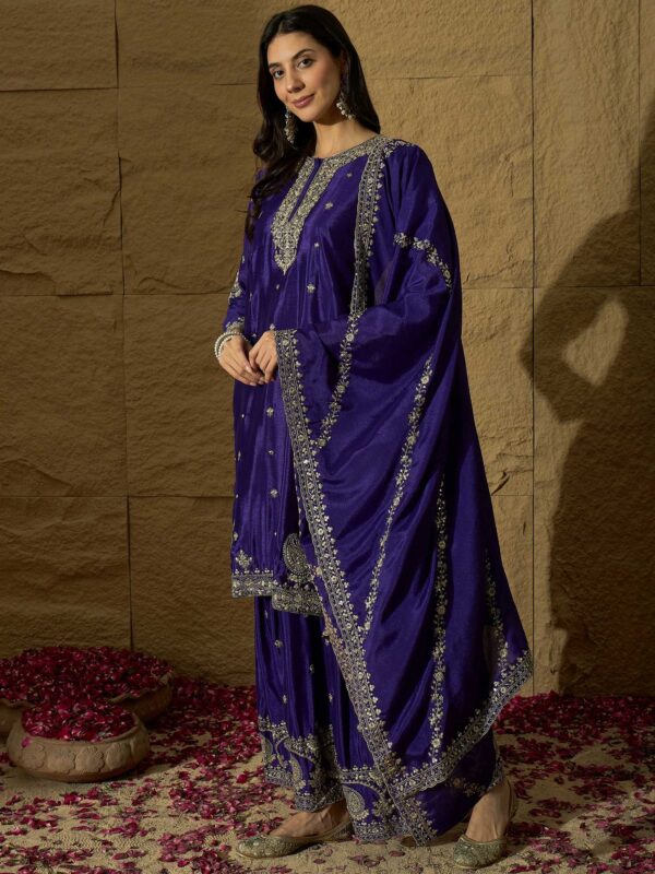 Elegant Purple Embroidered Kurta Sharara Set – Chinon Fabric with Santoon Lining