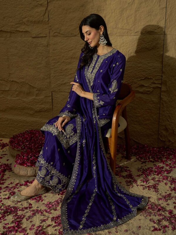 Elegant Purple Embroidered Kurta Sharara Set – Chinon Fabric with Santoon Lining