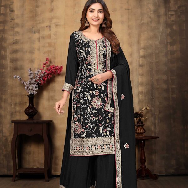 Black Elegance Embroidered Straight Kurta Palazzo Set – Premium Chinon Fabric