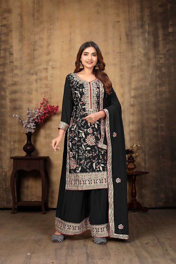 Black Elegance Embroidered Straight Kurta Palazzo Set – Premium Chinon Fabric