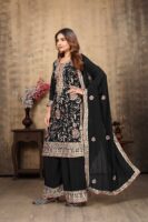 Black Elegance Embroidered Straight Kurta Palazzo Set – Premium Chinon Fabric