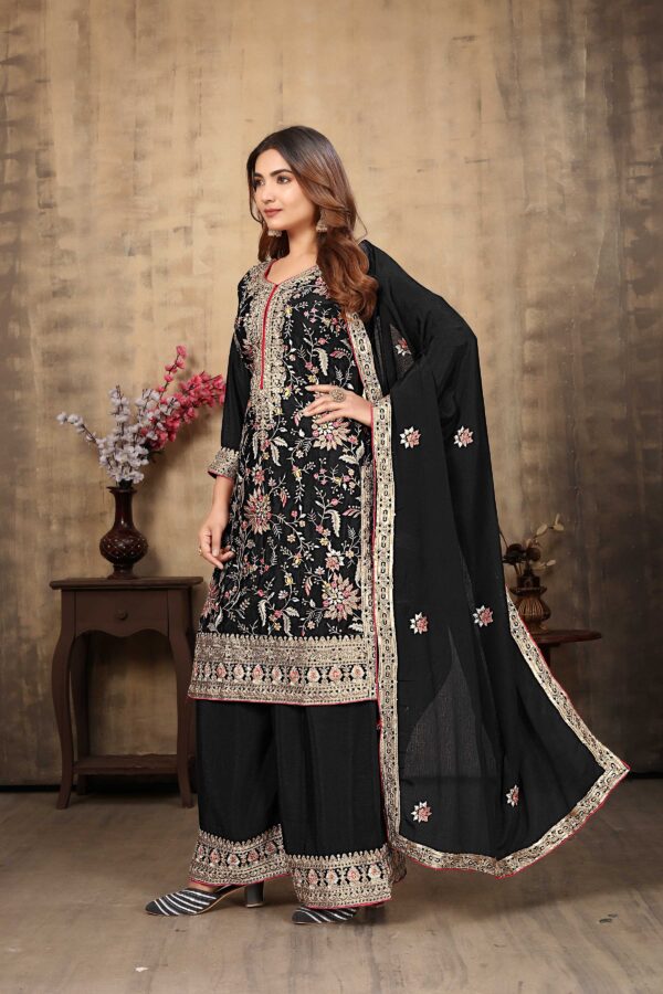 Black Elegance Embroidered Straight Kurta Palazzo Set – Premium Chinon Fabric