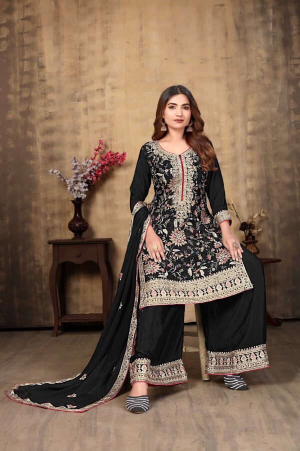 Black Elegance Embroidered Straight Kurta Palazzo Set – Premium Chinon Fabric