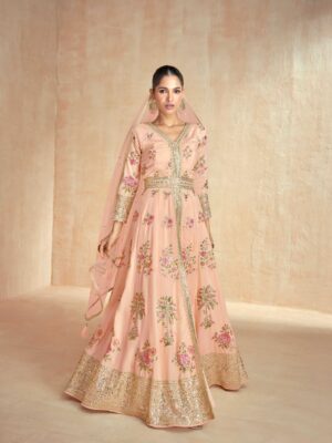 Peach Embroidered Anarkali Kurta Pant Set - Chinon Fabric with Dupatta