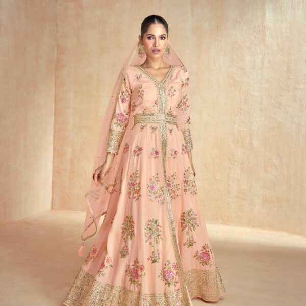 Peach Embroidered Anarkali Kurta Pant Set - Chinon Fabric with Dupatta